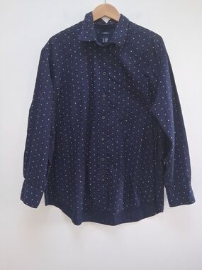 GAP Women's Navy Blue Multicolor Polka Dot Button Down Shirt  Large Lagenlook